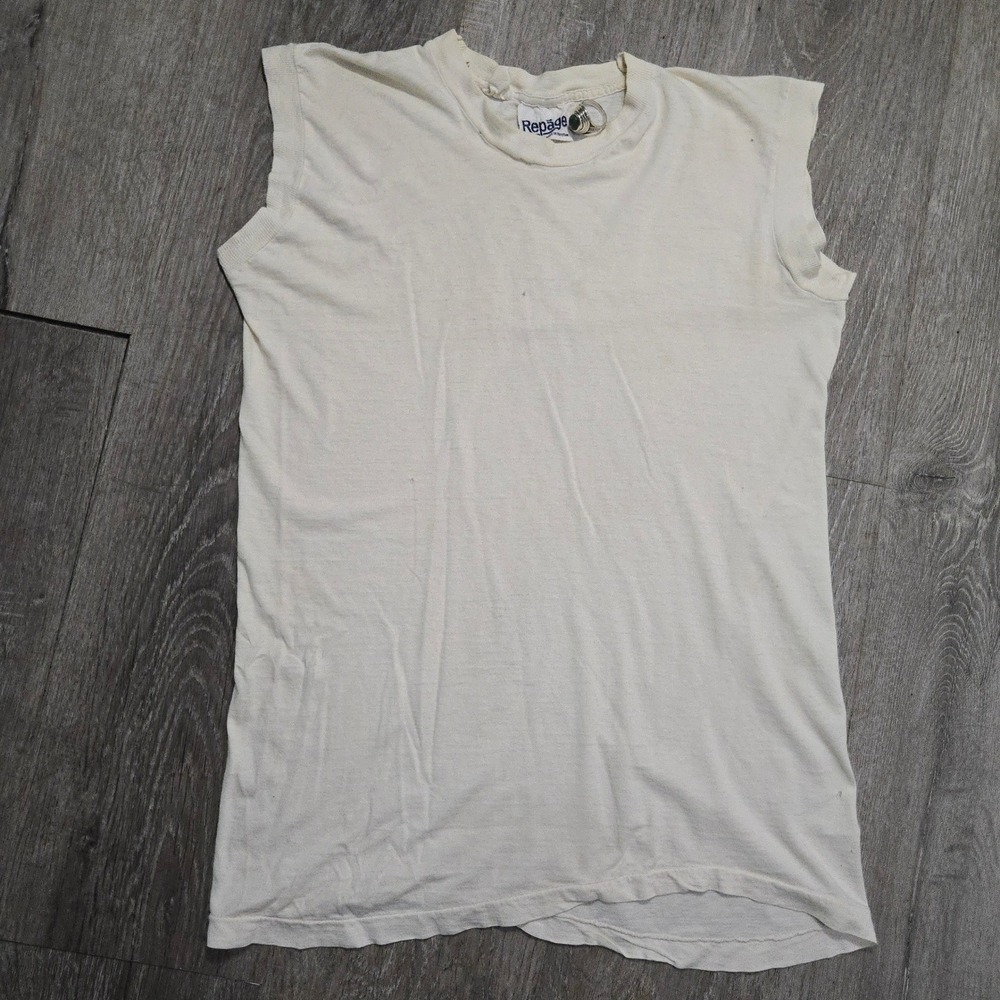 Vintage Repage Muscle Tee Shirt Cream White Distressed Raw Cut Sleeveless Mens L